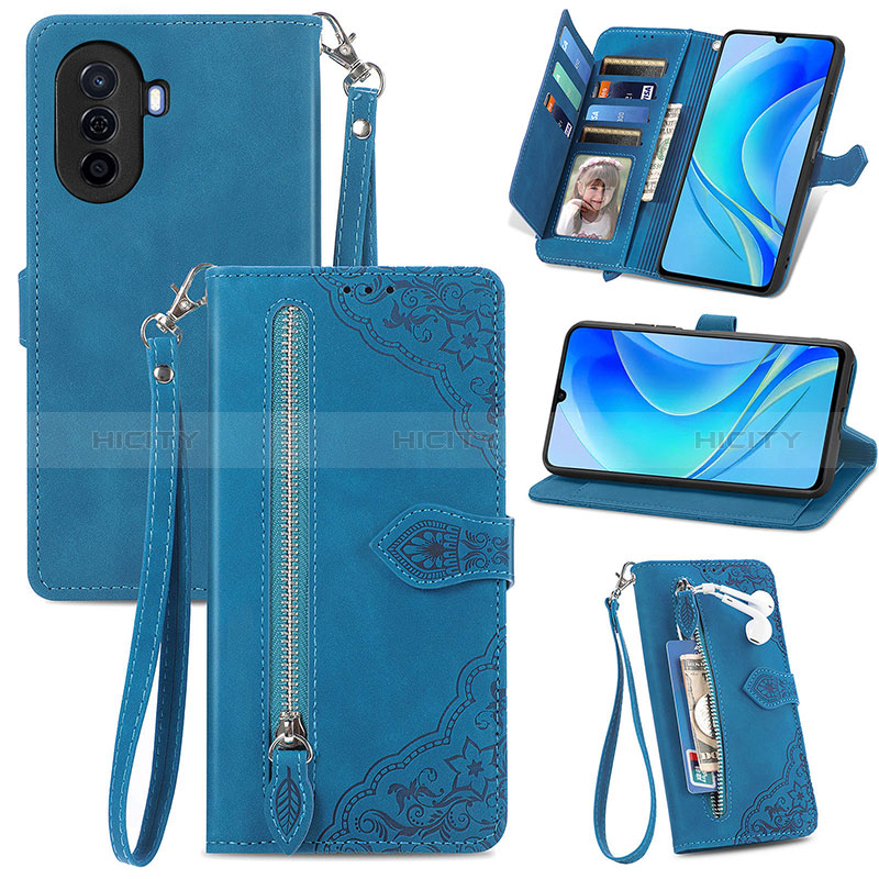 Custodia Portafoglio In Pelle Cover con Supporto S06D per Huawei Nova Y70 Blu