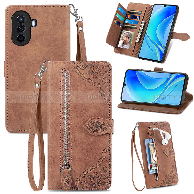 Custodia Portafoglio In Pelle Cover con Supporto S06D per Huawei Nova Y71 Marrone