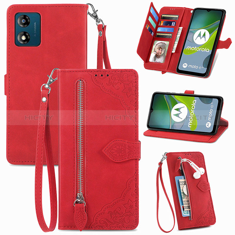 Custodia Portafoglio In Pelle Cover con Supporto S06D per Motorola Moto E13 Rosso