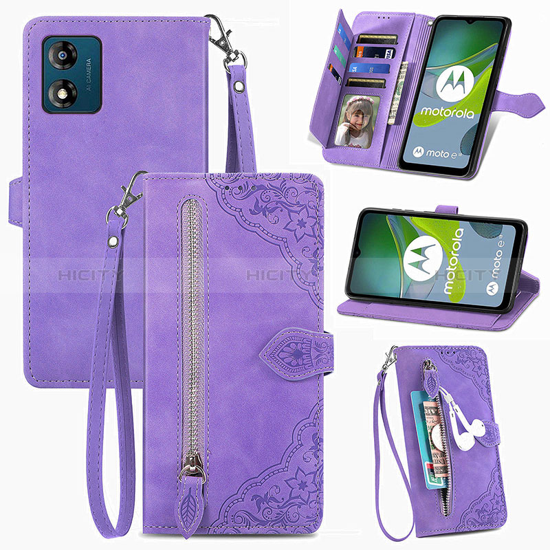 Custodia Portafoglio In Pelle Cover con Supporto S06D per Motorola Moto E13 Viola