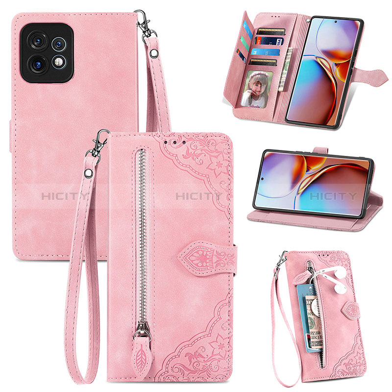 Custodia Portafoglio In Pelle Cover con Supporto S06D per Motorola Moto Edge Plus (2023) 5G Rosa