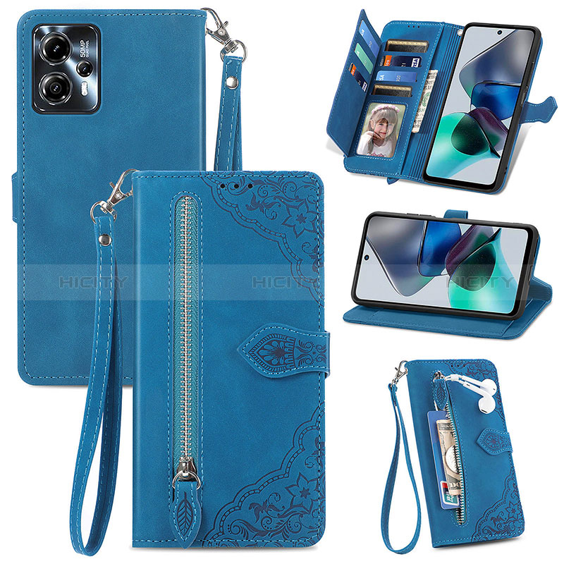 Custodia Portafoglio In Pelle Cover con Supporto S06D per Motorola Moto G23 Blu