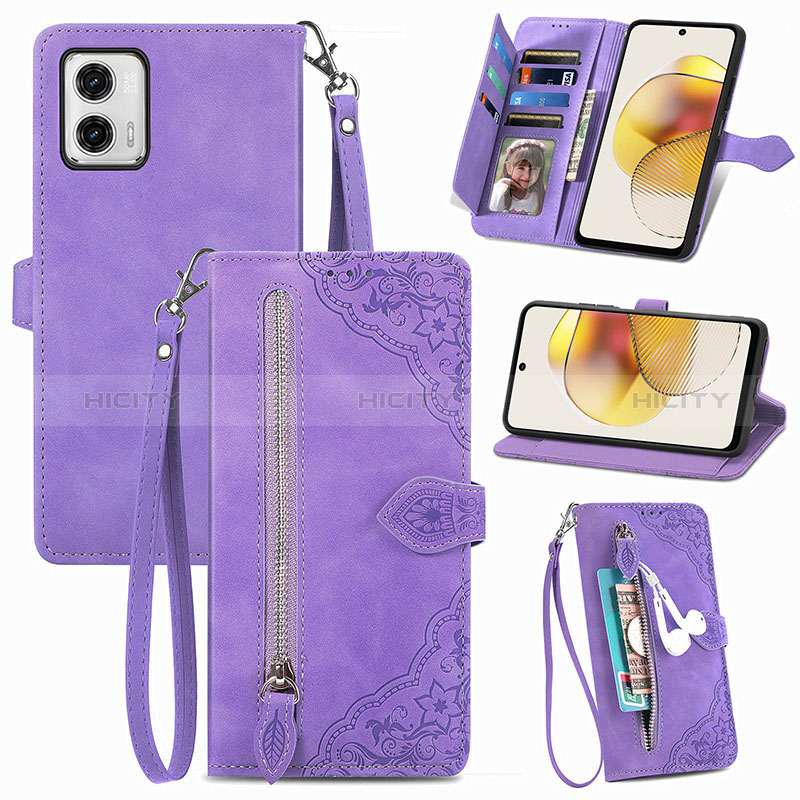 Custodia Portafoglio In Pelle Cover con Supporto S06D per Motorola Moto G73 5G Viola