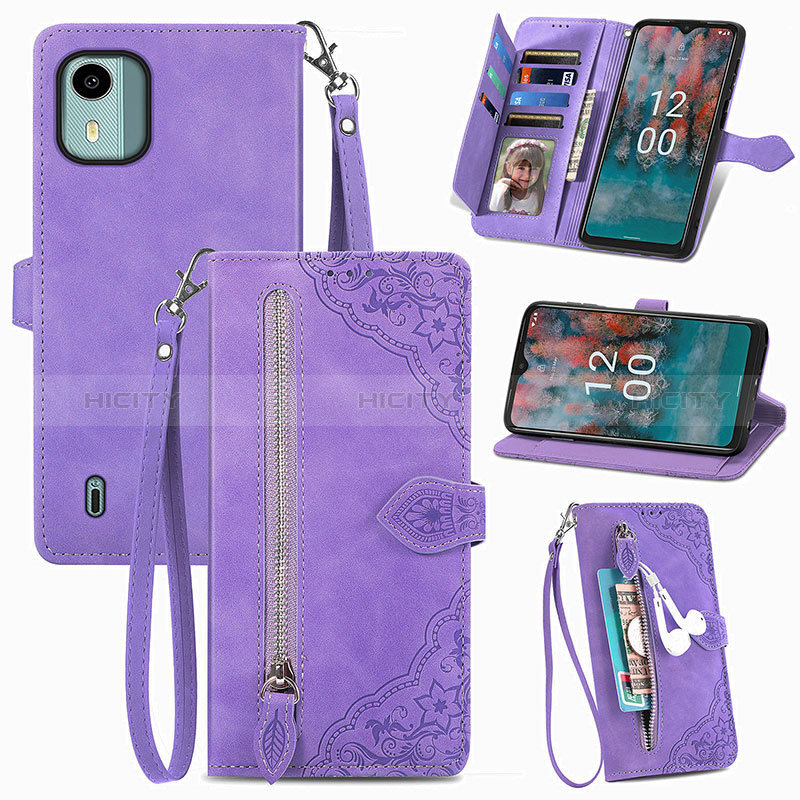 Custodia Portafoglio In Pelle Cover con Supporto S06D per Nokia C12 Plus Viola