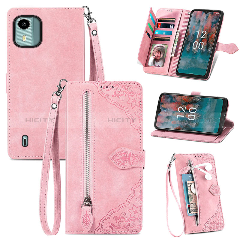 Custodia Portafoglio In Pelle Cover con Supporto S06D per Nokia C12 Pro Rosa