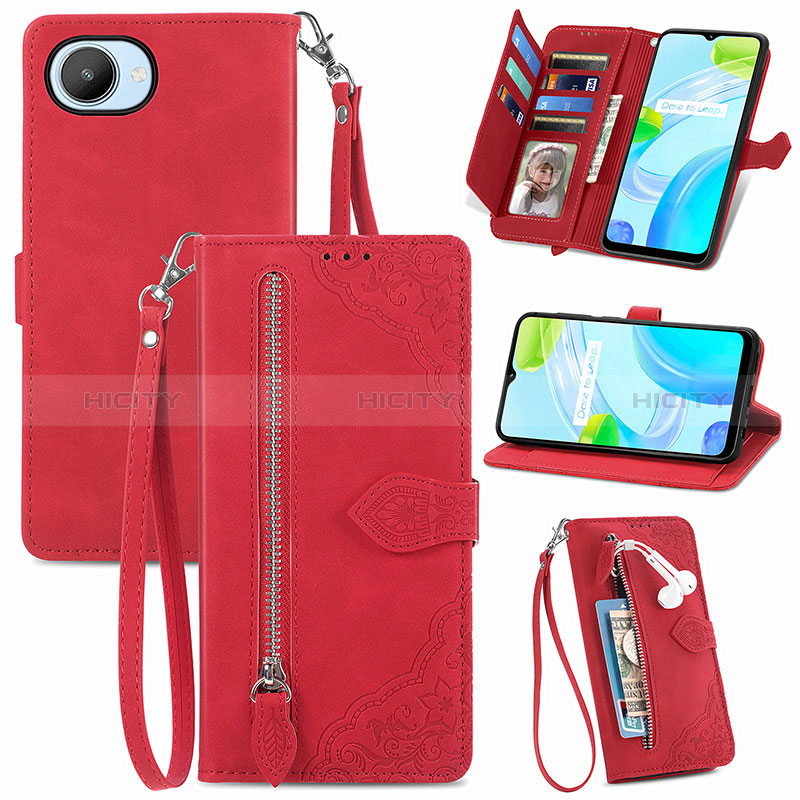 Custodia Portafoglio In Pelle Cover con Supporto S06D per Realme C30s Rosso