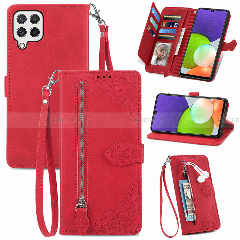 Custodia Portafoglio In Pelle Cover con Supporto S06D per Samsung Galaxy A22 4G Rosso