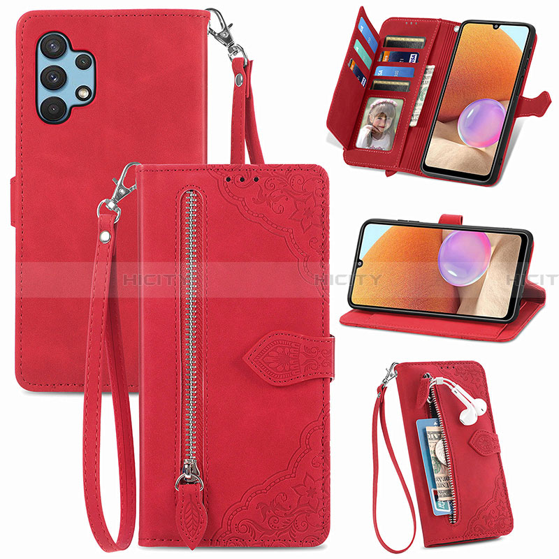 Custodia Portafoglio In Pelle Cover con Supporto S06D per Samsung Galaxy A32 4G Rosso