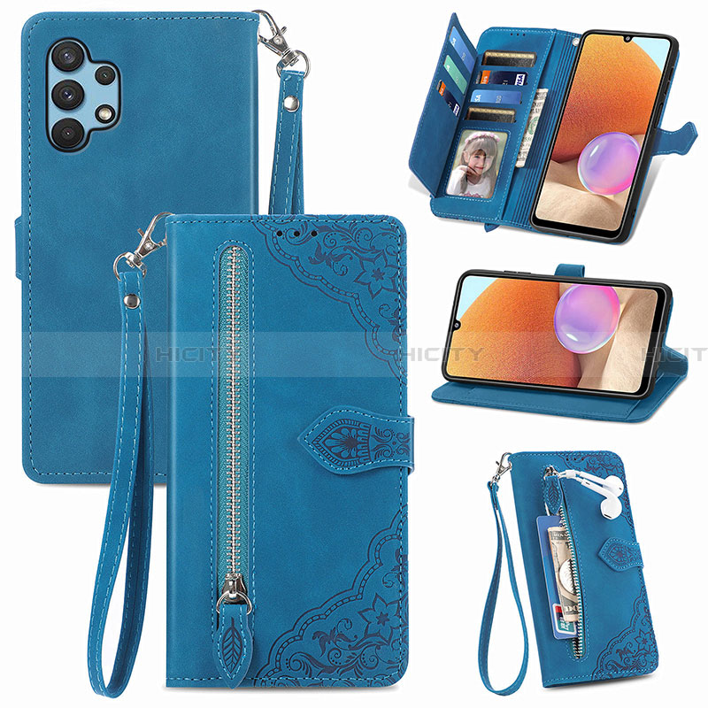 Custodia Portafoglio In Pelle Cover con Supporto S06D per Samsung Galaxy A32 5G Blu