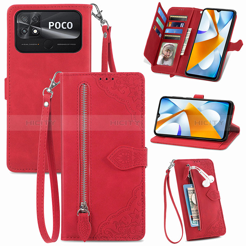 Custodia Portafoglio In Pelle Cover con Supporto S06D per Xiaomi Poco C40 Rosso