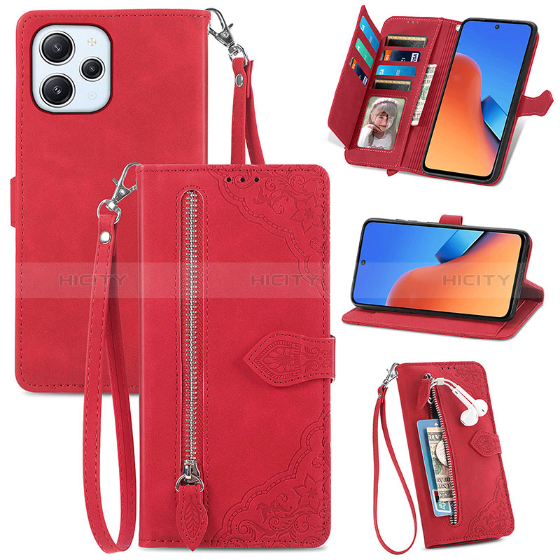 Custodia Portafoglio In Pelle Cover con Supporto S06D per Xiaomi Redmi 12 4G Rosso