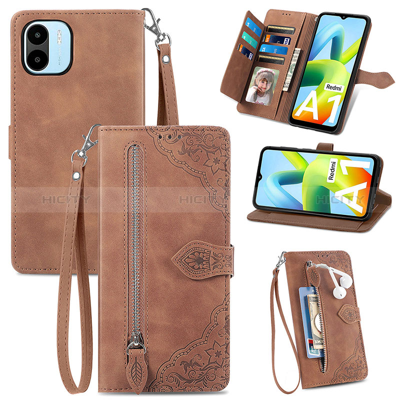 Custodia Portafoglio In Pelle Cover con Supporto S06D per Xiaomi Redmi A2 Marrone