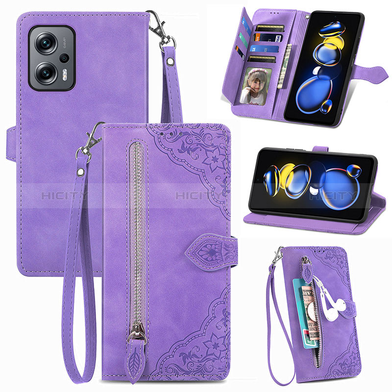 Custodia Portafoglio In Pelle Cover con Supporto S06D per Xiaomi Redmi Note 11T Pro+ Plus 5G Viola