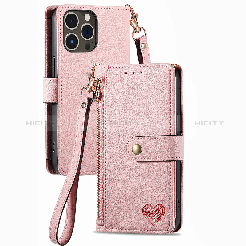 Custodia Portafoglio In Pelle Cover con Supporto S07D per Apple iPhone 14 Pro Rosa