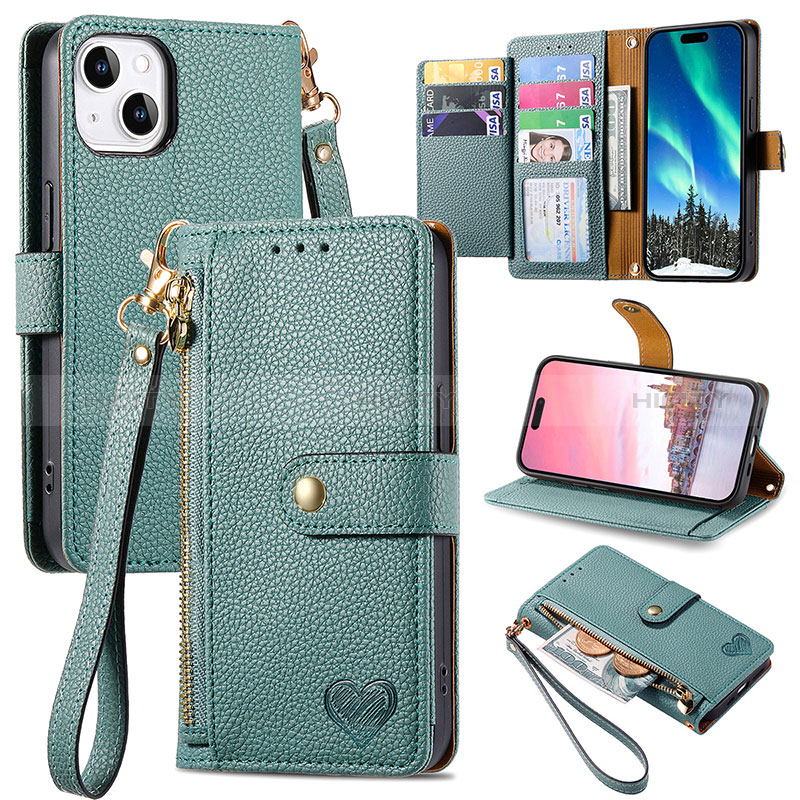 Custodia Portafoglio In Pelle Cover con Supporto S07D per Apple iPhone 15 Plus Verde