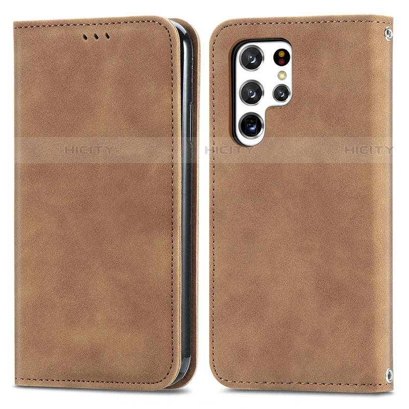 Custodia Portafoglio In Pelle Cover con Supporto S07D per Samsung Galaxy S22 Ultra 5G Marrone