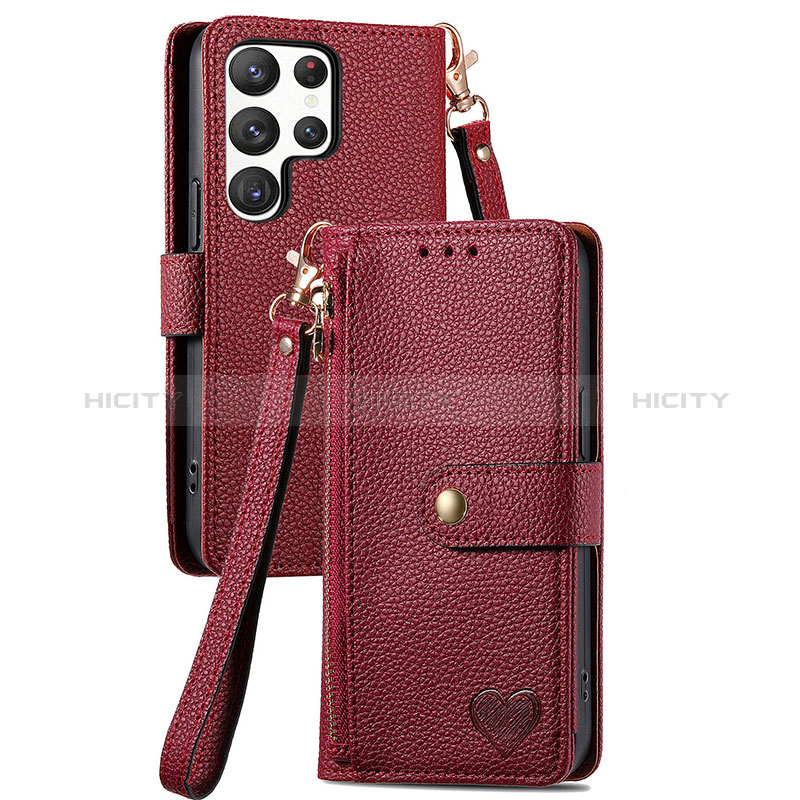 Custodia Portafoglio In Pelle Cover con Supporto S15D per Samsung Galaxy S22 Ultra 5G Rosso