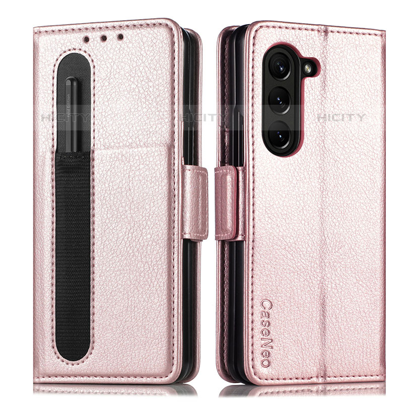 Custodia Portafoglio In Pelle Cover con Supporto SD1 per Samsung Galaxy Z Fold5 5G Oro Rosa