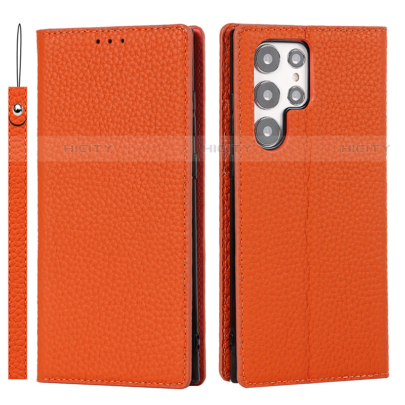 Custodia Portafoglio In Pelle Cover con Supporto T02D per Samsung Galaxy S23 Ultra 5G Arancione