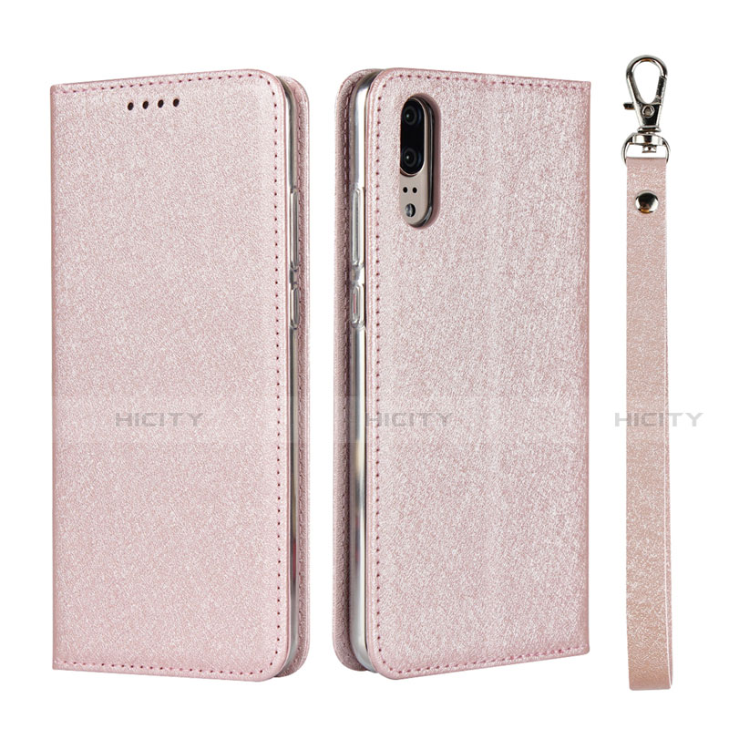 Custodia Portafoglio In Pelle Cover con Supporto T07 per Huawei P20 Oro Rosa