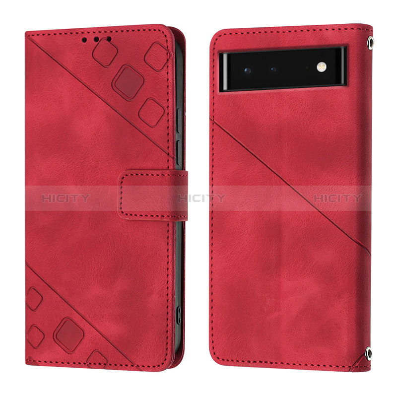 Custodia Portafoglio In Pelle Cover con Supporto Y01B per Google Pixel 6 5G Rosso