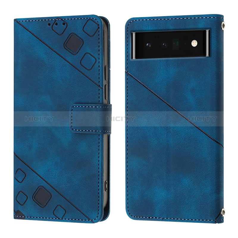 Custodia Portafoglio In Pelle Cover con Supporto Y01B per Google Pixel 6 Pro 5G Blu