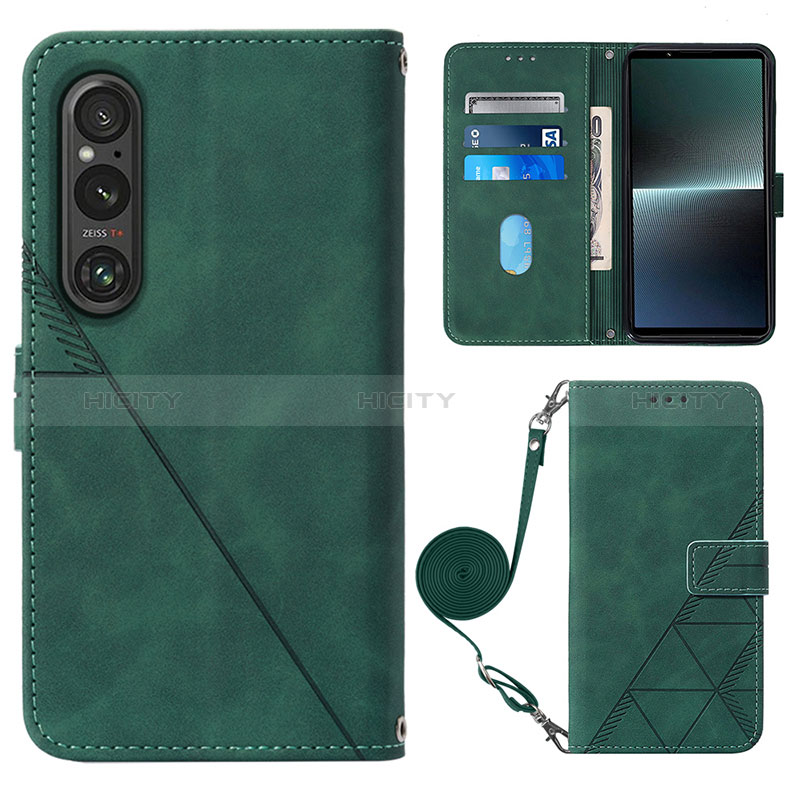 Custodia Portafoglio In Pelle Cover con Supporto YB1 per Sony Xperia 1 V Verde