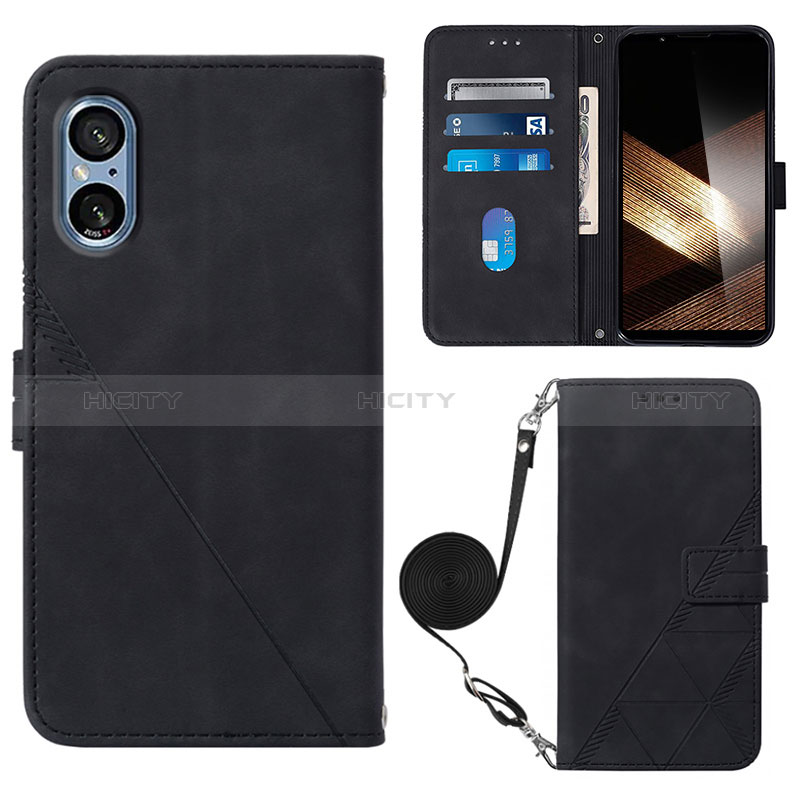 Custodia Portafoglio In Pelle Cover con Supporto YB2 per Sony Xperia 5 V Nero