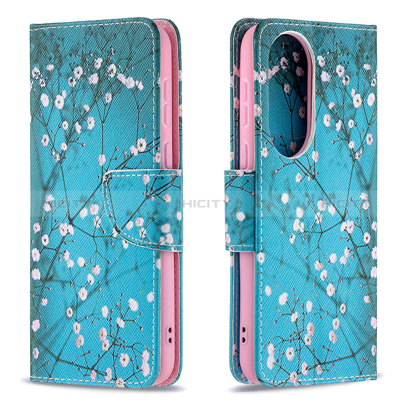 Custodia Portafoglio In Pelle Fantasia Modello Cover con Supporto B01F per Huawei P50 Pro Ciano