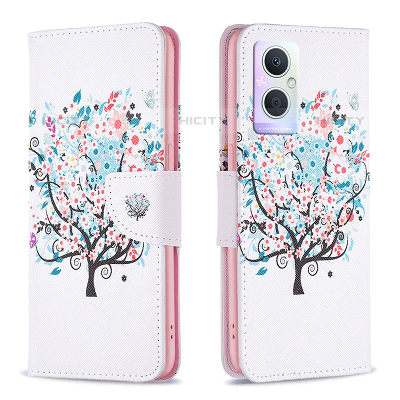 Custodia Portafoglio In Pelle Fantasia Modello Cover con Supporto B01F per Oppo Reno8 Lite 5G Bianco