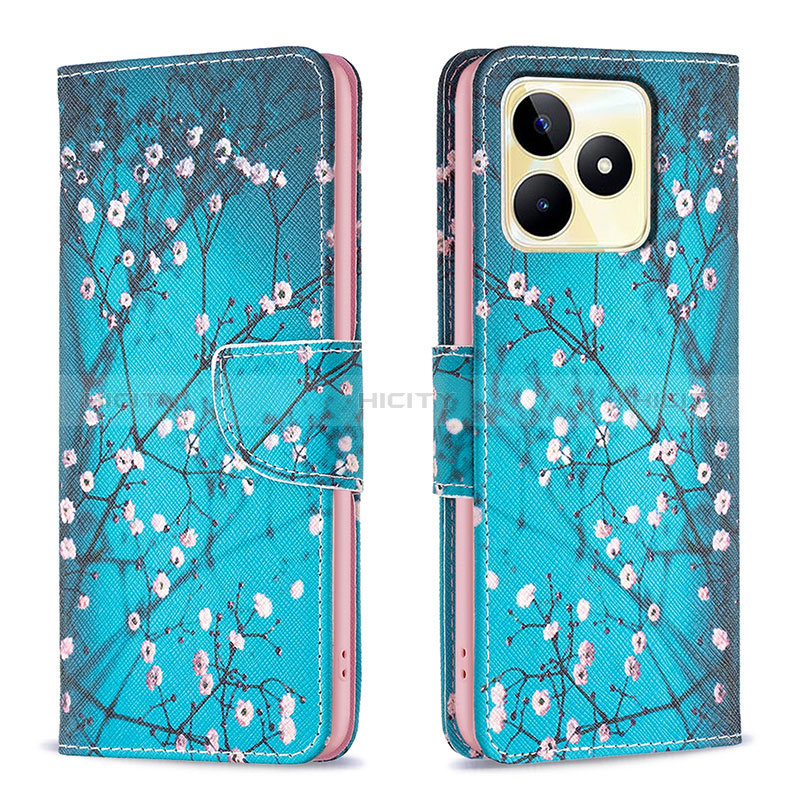 Custodia Portafoglio In Pelle Fantasia Modello Cover con Supporto B01F per Realme C53 Ciano