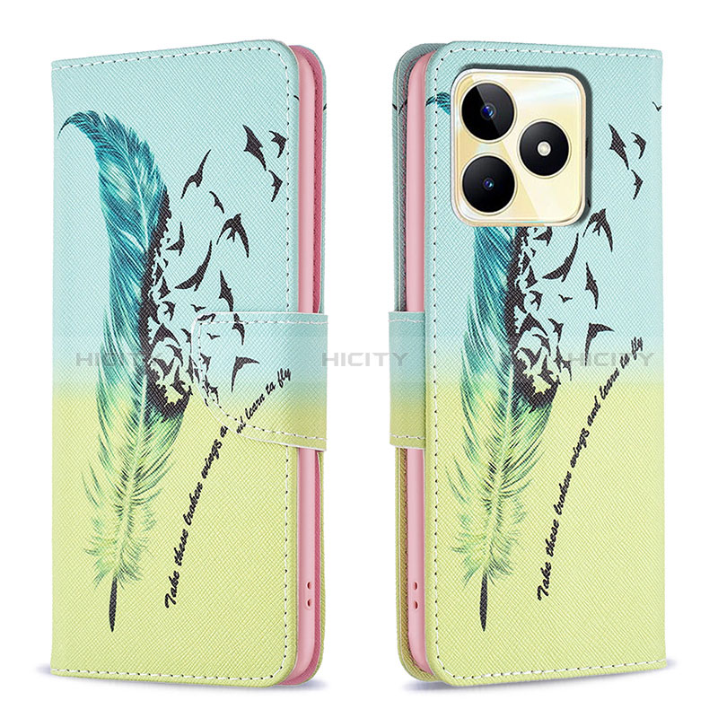 Custodia Portafoglio In Pelle Fantasia Modello Cover con Supporto B01F per Realme C53 India Verde Pastello