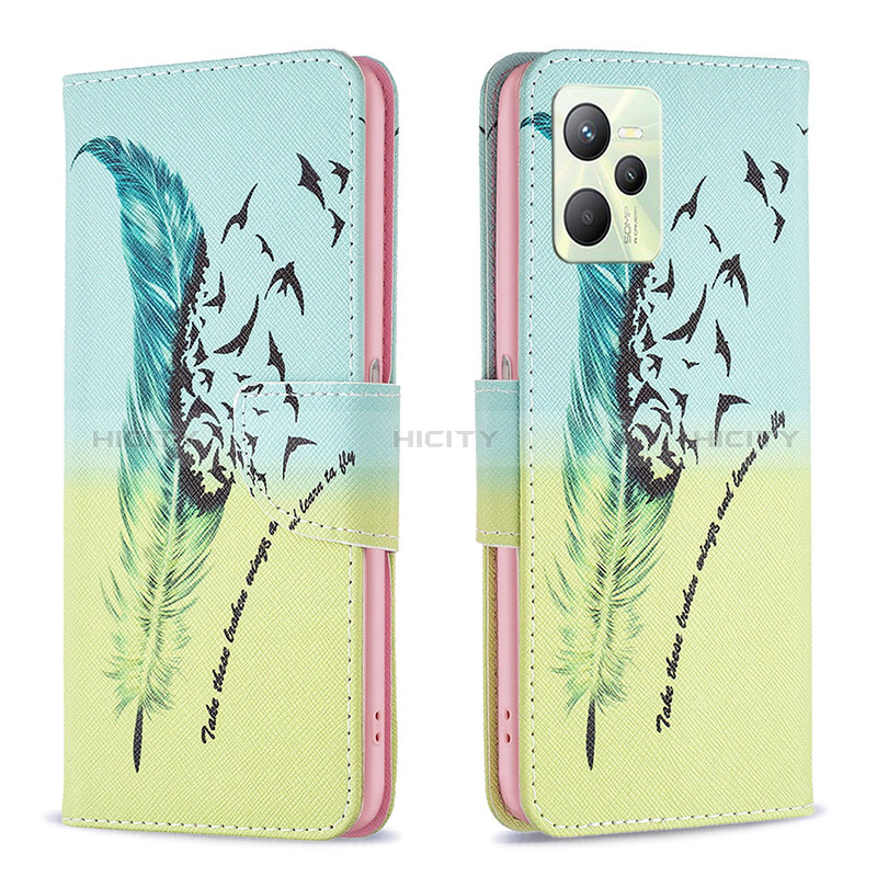 Custodia Portafoglio In Pelle Fantasia Modello Cover con Supporto B01F per Realme Narzo 50A Prime Verde Pastello