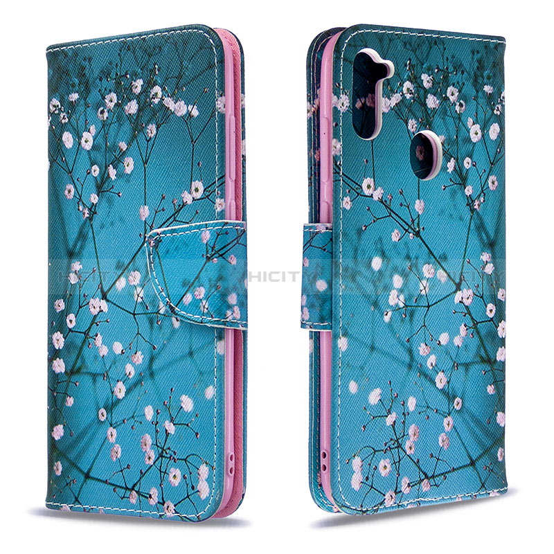 Custodia Portafoglio In Pelle Fantasia Modello Cover con Supporto B01F per Samsung Galaxy M11 Ciano