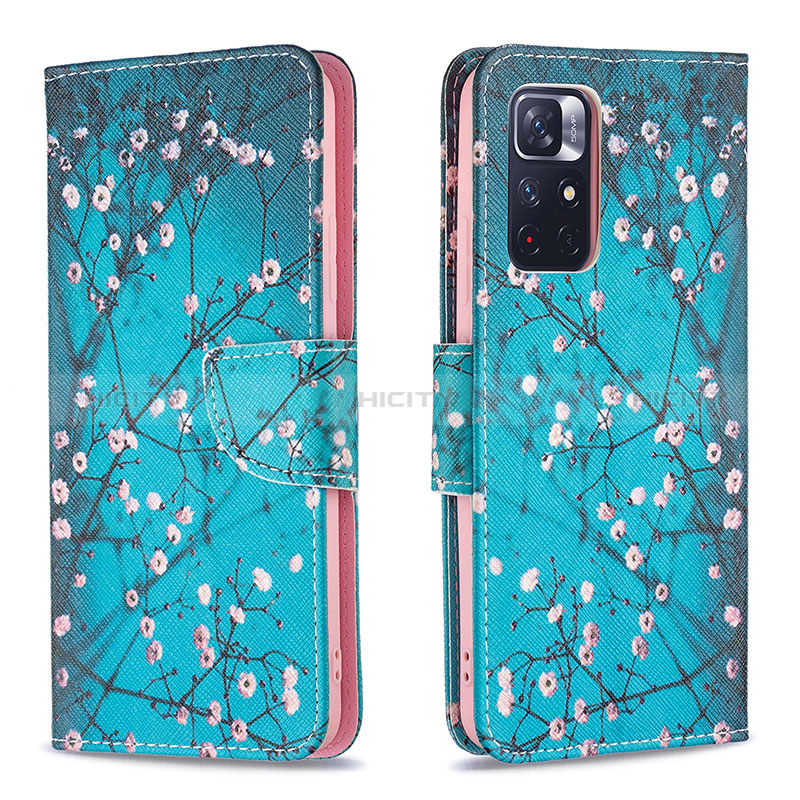 Custodia Portafoglio In Pelle Fantasia Modello Cover con Supporto B01F per Xiaomi Poco M4 Pro 5G Ciano