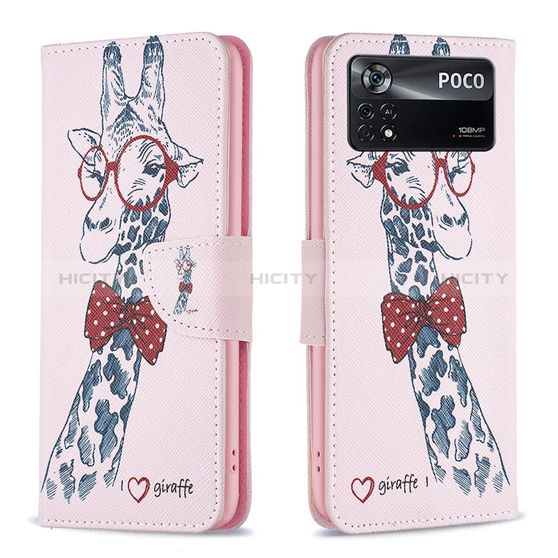 Custodia Portafoglio In Pelle Fantasia Modello Cover con Supporto B01F per Xiaomi Poco X4 Pro 5G Rosa