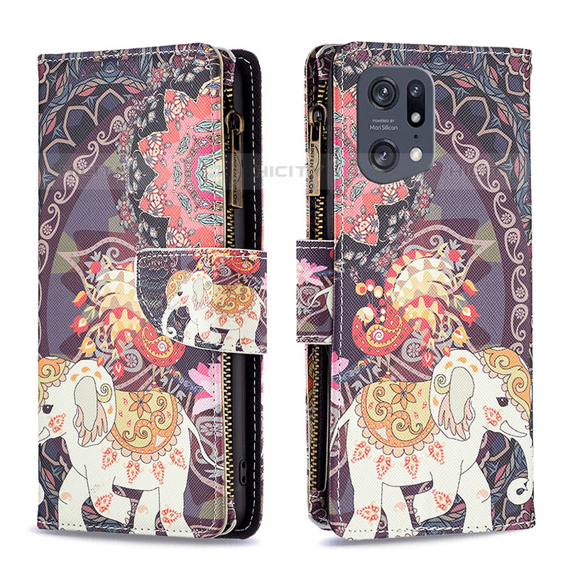 Custodia Portafoglio In Pelle Fantasia Modello Cover con Supporto B04F per Oppo Find X5 Pro 5G Marrone