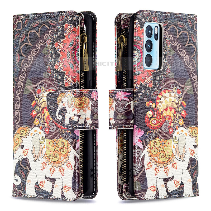 Custodia Portafoglio In Pelle Fantasia Modello Cover con Supporto B04F per Oppo Reno6 Pro 5G India Marrone