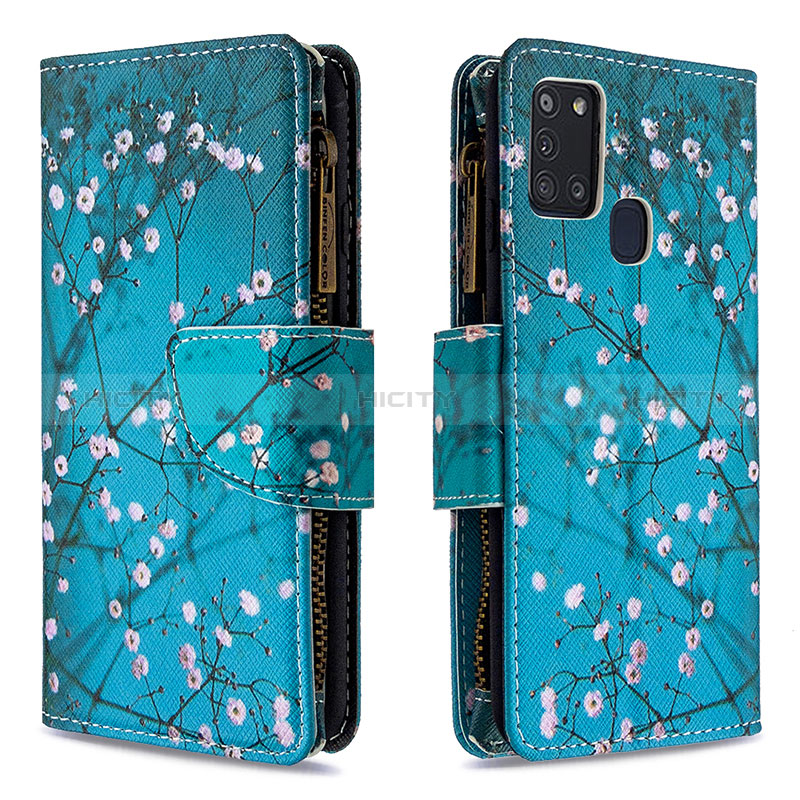 Custodia Portafoglio In Pelle Fantasia Modello Cover con Supporto B04F per Samsung Galaxy A21s Ciano