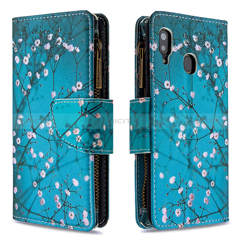 Custodia Portafoglio In Pelle Fantasia Modello Cover con Supporto B04F per Samsung Galaxy A30 Ciano