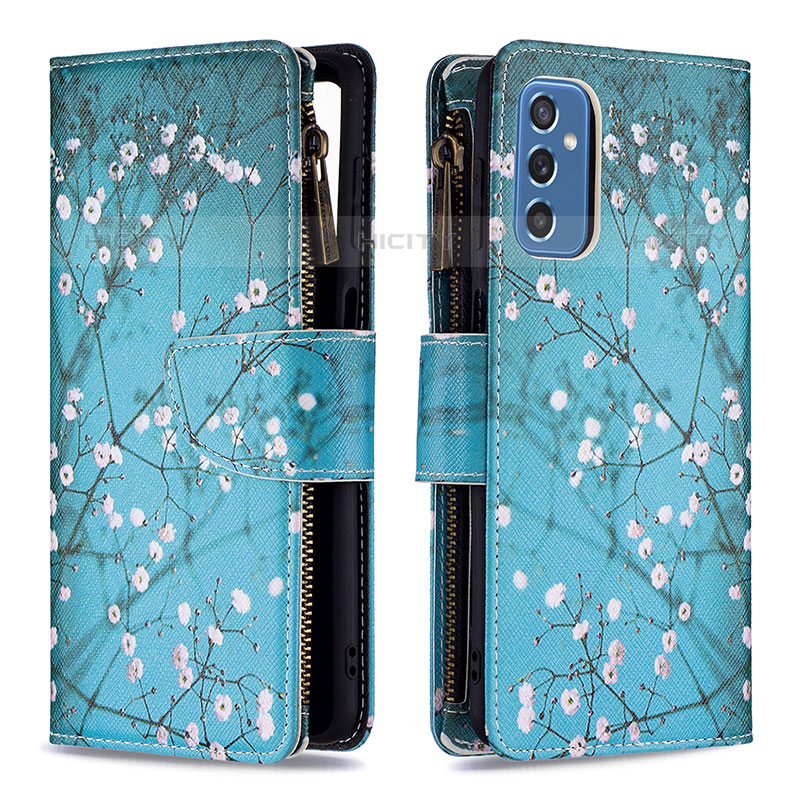 Custodia Portafoglio In Pelle Fantasia Modello Cover con Supporto B04F per Samsung Galaxy M52 5G Ciano