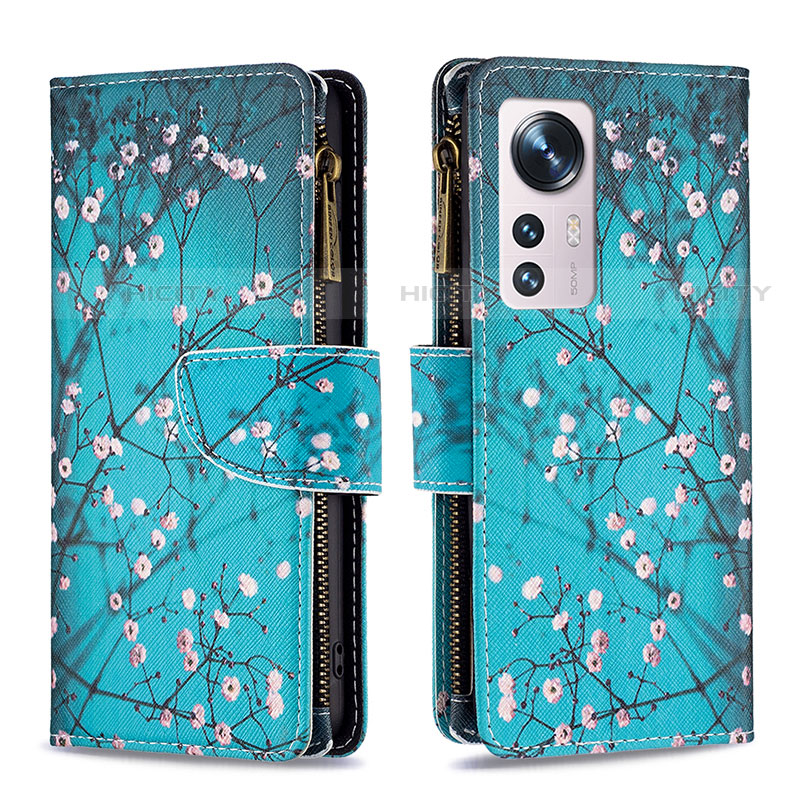 Custodia Portafoglio In Pelle Fantasia Modello Cover con Supporto B04F per Xiaomi Mi 12X 5G Ciano