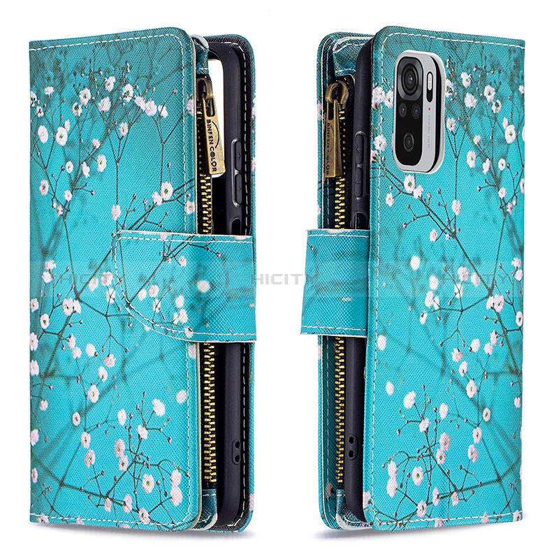 Custodia Portafoglio In Pelle Fantasia Modello Cover con Supporto B04F per Xiaomi Redmi Note 10 4G Ciano