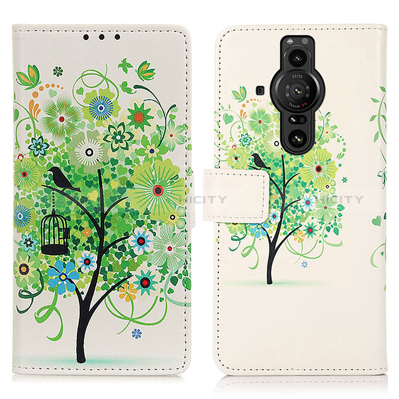 Custodia Portafoglio In Pelle Fantasia Modello Cover con Supporto D02Y per Sony Xperia PRO-I Verde