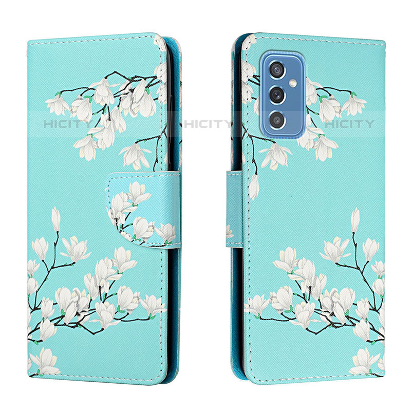 Custodia Portafoglio In Pelle Fantasia Modello Cover con Supporto H02X per Samsung Galaxy M52 5G Ciano