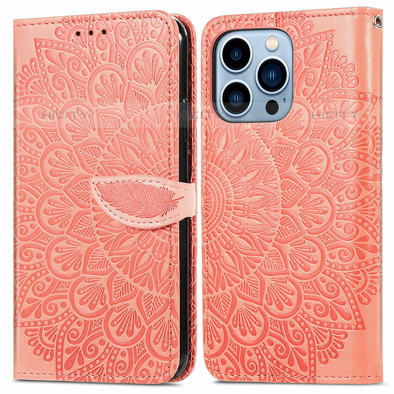 Custodia Portafoglio In Pelle Fantasia Modello Cover con Supporto H13 per Apple iPhone 15 Pro Arancione