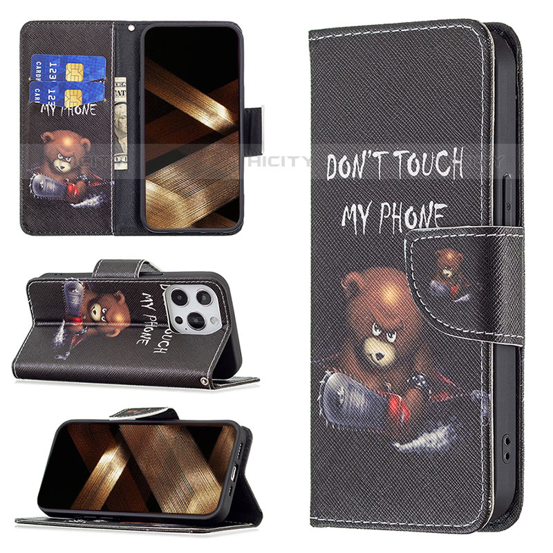 Custodia Portafoglio In Pelle Fantasia Modello Cover con Supporto L01 per Apple iPhone 15 Pro Max Nero