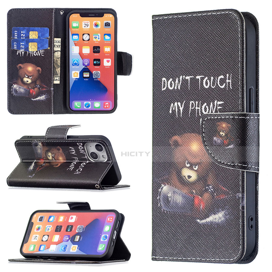 Custodia Portafoglio In Pelle Fantasia Modello Cover con Supporto L02 per Apple iPhone 13 Nero