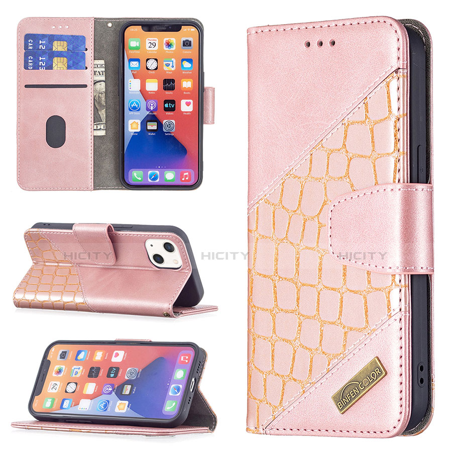 Custodia Portafoglio In Pelle Fantasia Modello Cover con Supporto L05 per Apple iPhone 13 Oro Rosa