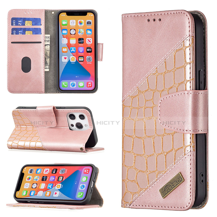 Custodia Portafoglio In Pelle Fantasia Modello Cover con Supporto L05 per Apple iPhone 13 Pro Oro Rosa